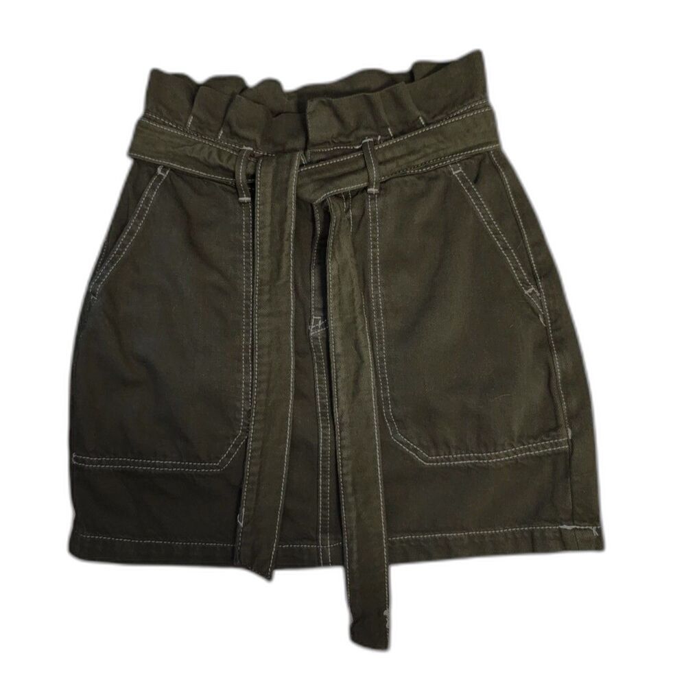 Free People Splendor in the Grass Olive Green Denim Paperbag Waist Skirt